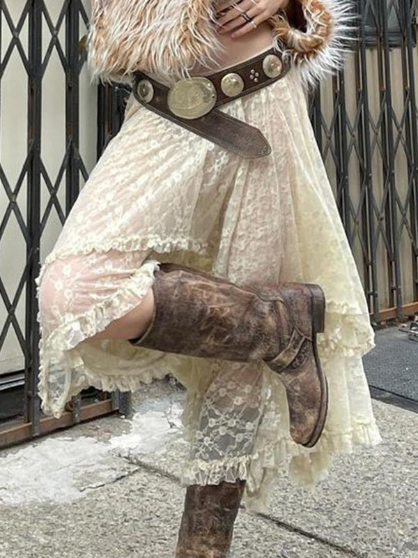 Sheer Lace Asymmetrical Midi Skirt