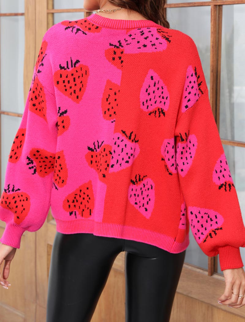 Strawberry Button-Front Knitted Cardigan
