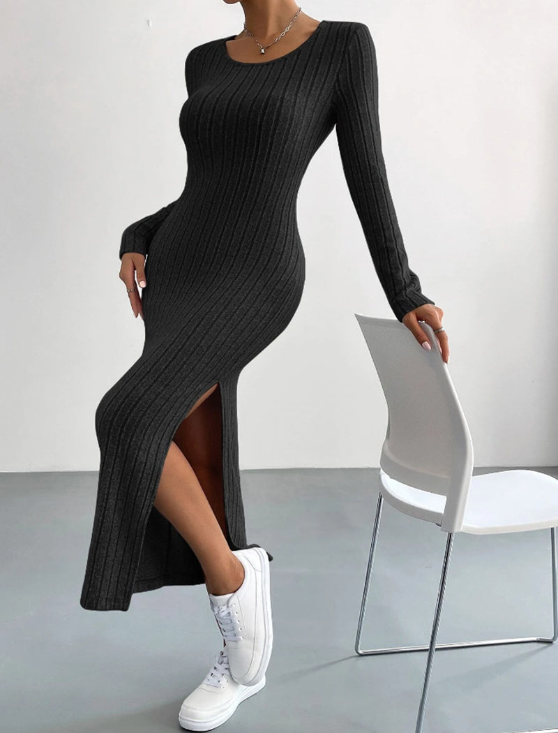 Ribbed Long-Sleeve Slit Maxi Dress