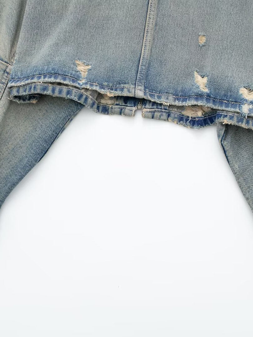Distressed Zip-Up Crop Denim Jacket