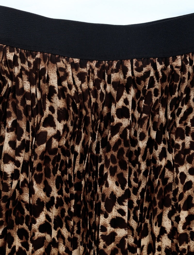 Leopard Print Pleated Midi Skirt