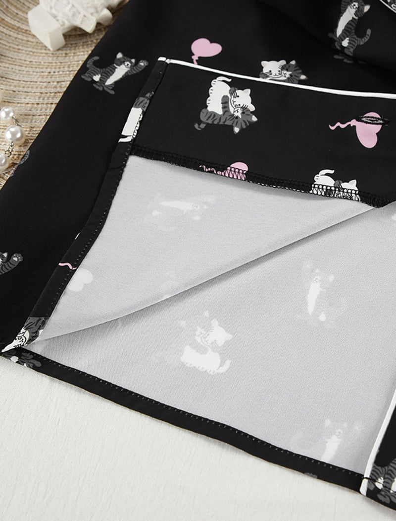 Satin Pajama Set with Cat Print