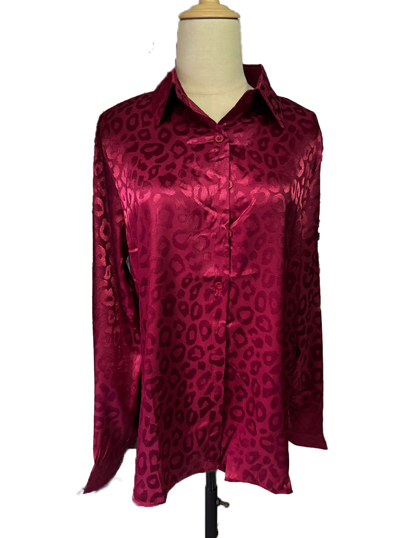 Long Sleeve Satin Jacquard Leopard Shirt