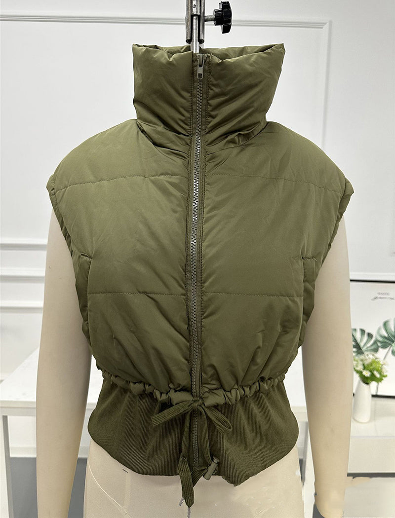 Crop Padded Vest with Drawstring and Zipper