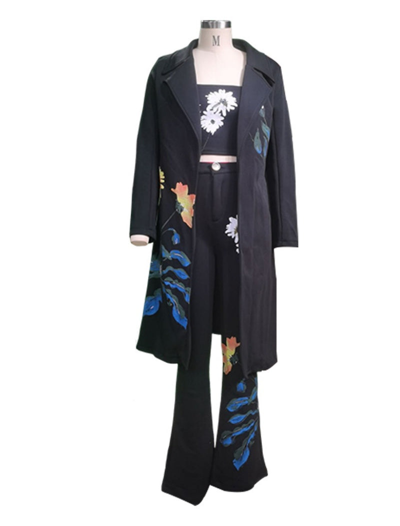 Floral Print Tube and Pants and Trench Coat Set