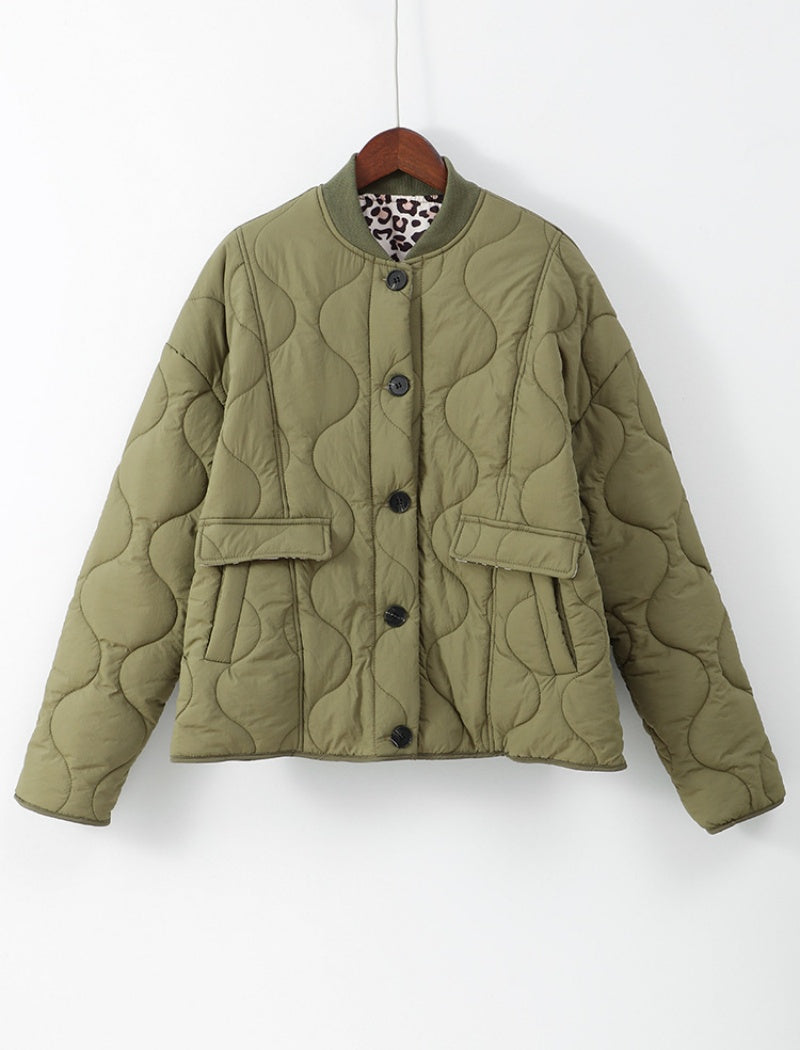 Quilted Jacket with Leopard Print Trim