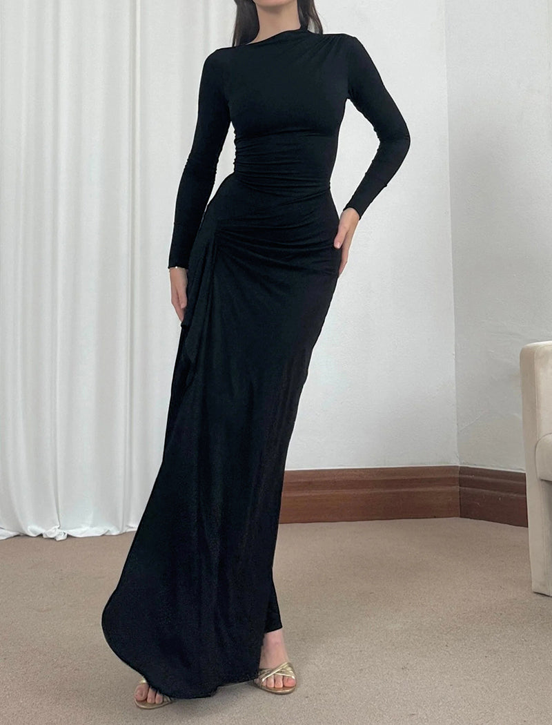 Long-Sleeve Fitted Maxi Dress with Ruched Detail