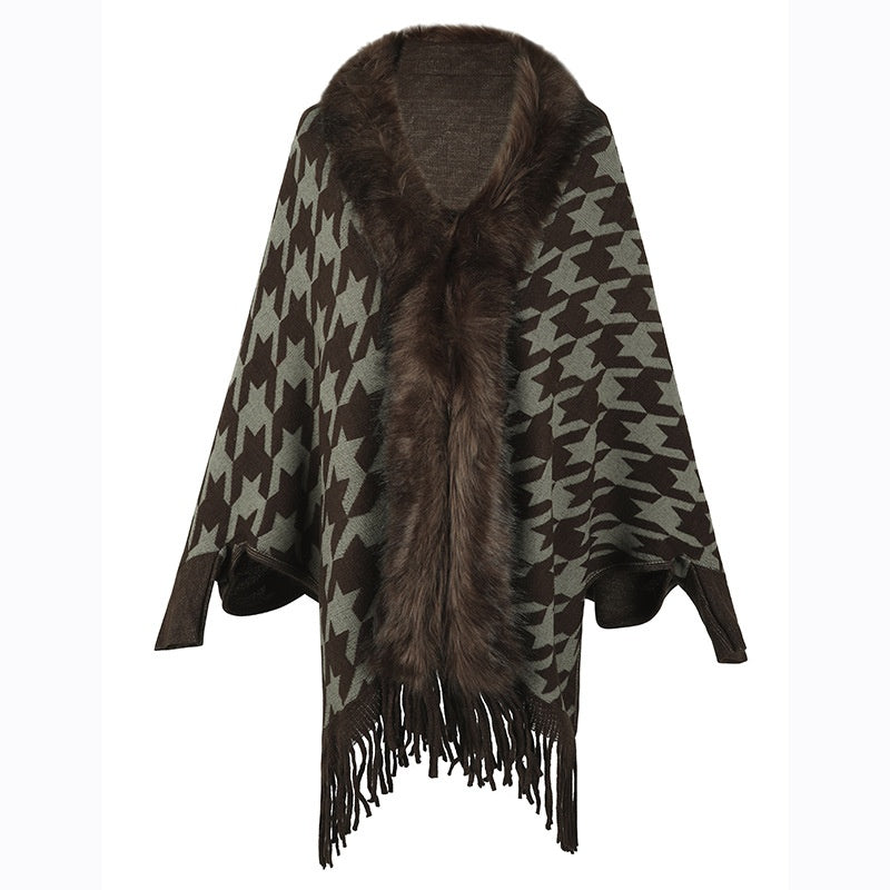 Colorblock Houndstooth Fur Collar Shawl Coat