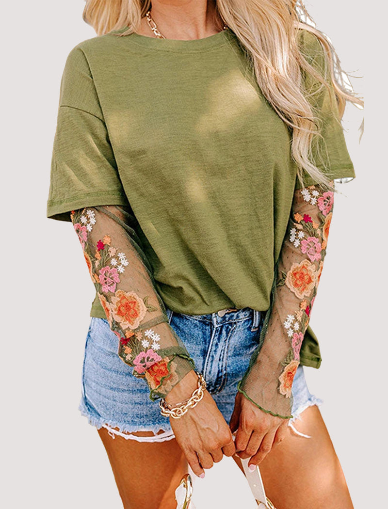Oversized Tee with Sheer Lace Sleeves
