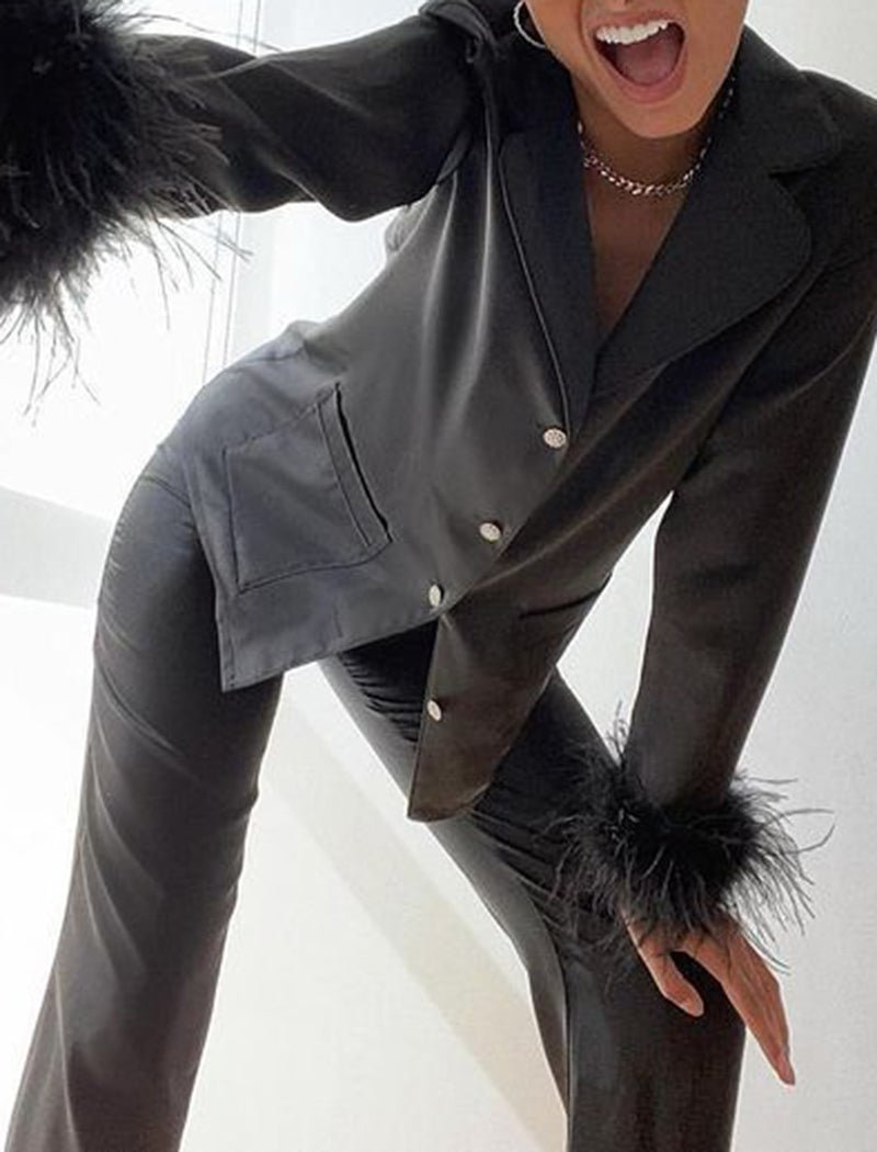 Feather Trim Button-Up Pajama Set