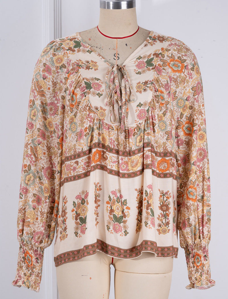Printed Button-Down V-neck Long Sleeve Top