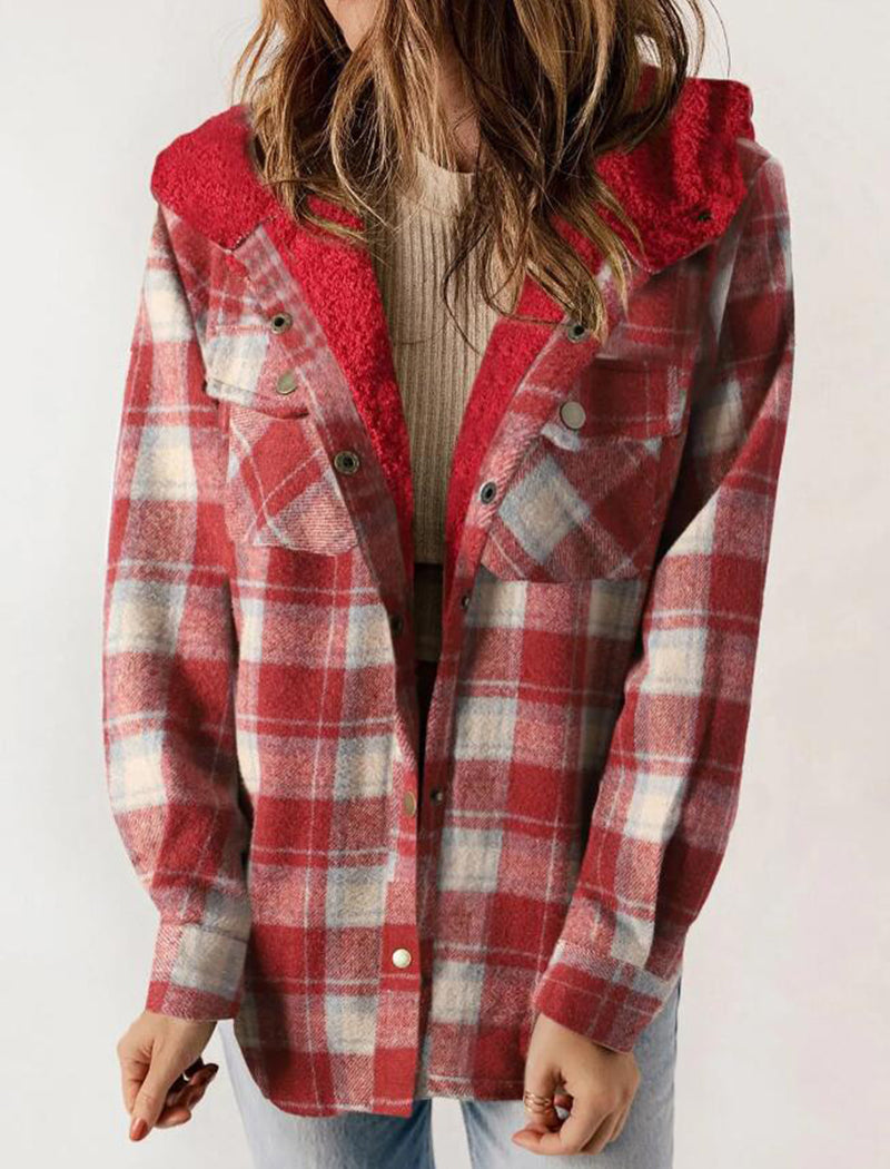 Plaid Long Sleeve Fuzzy Hooded Jacket