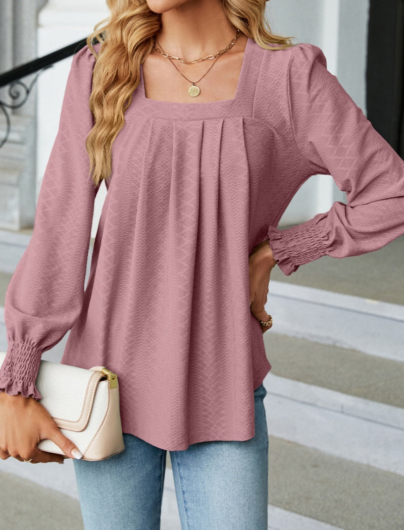 Jacquard Pleated Square Neck Long Sleeve Top