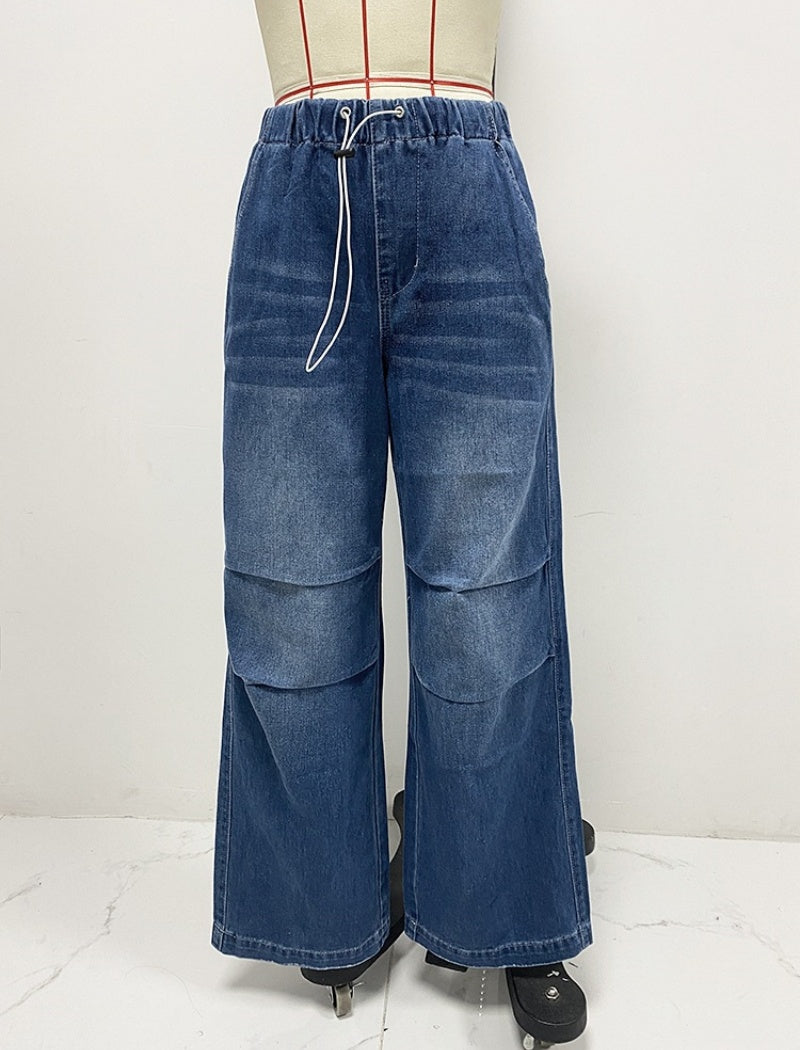 Mid-Rise Pleated Wide-Leg Denim Pants