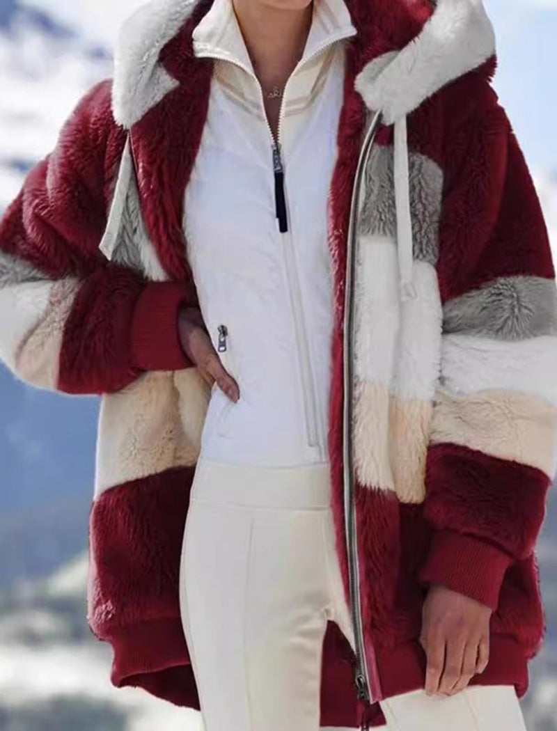 Hooded Patchwork Fuzzy Jacket