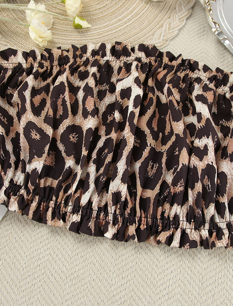 Leopard Print Square Neck Long Sleeve Crop Top and Pants Set