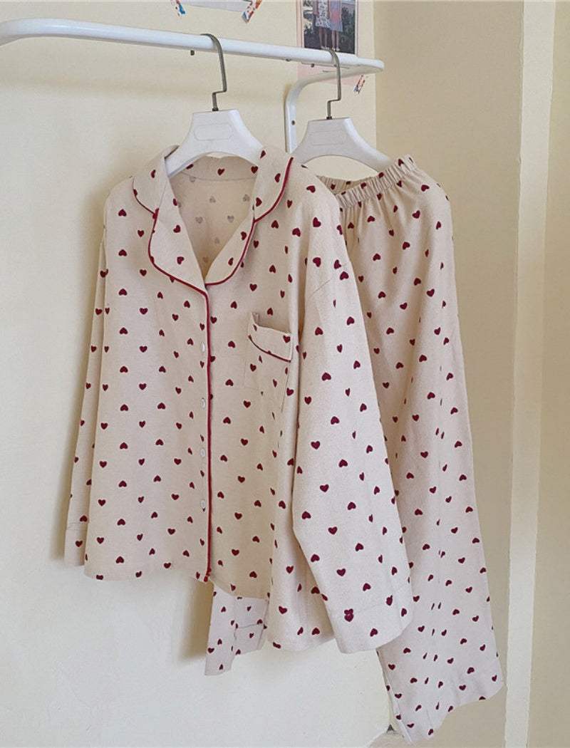 Brushed Heart Print Long Sleeve Pajamas