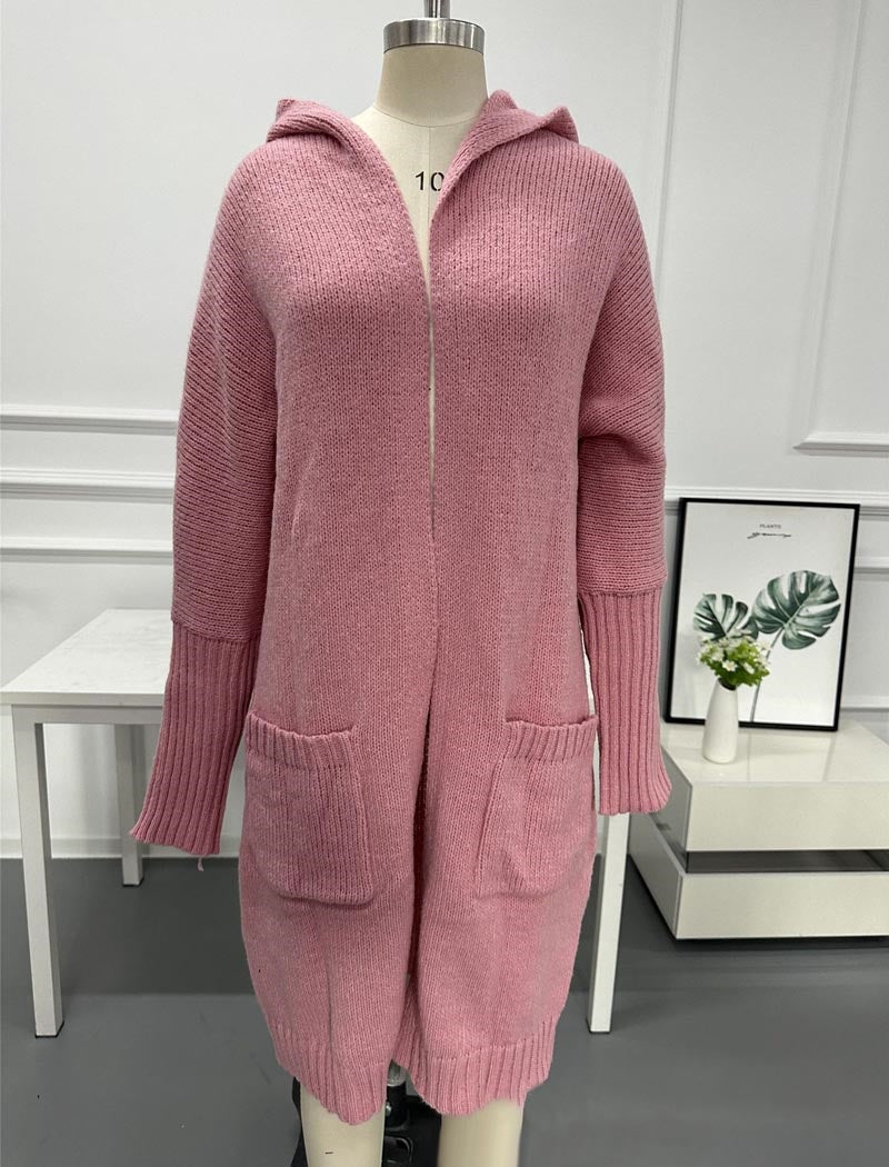 Solid Color Hooded Mid-Length Knit Cardigan