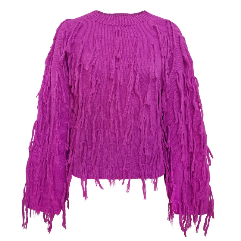 Textured Fringe Knit Sweater with Relaxed Fit