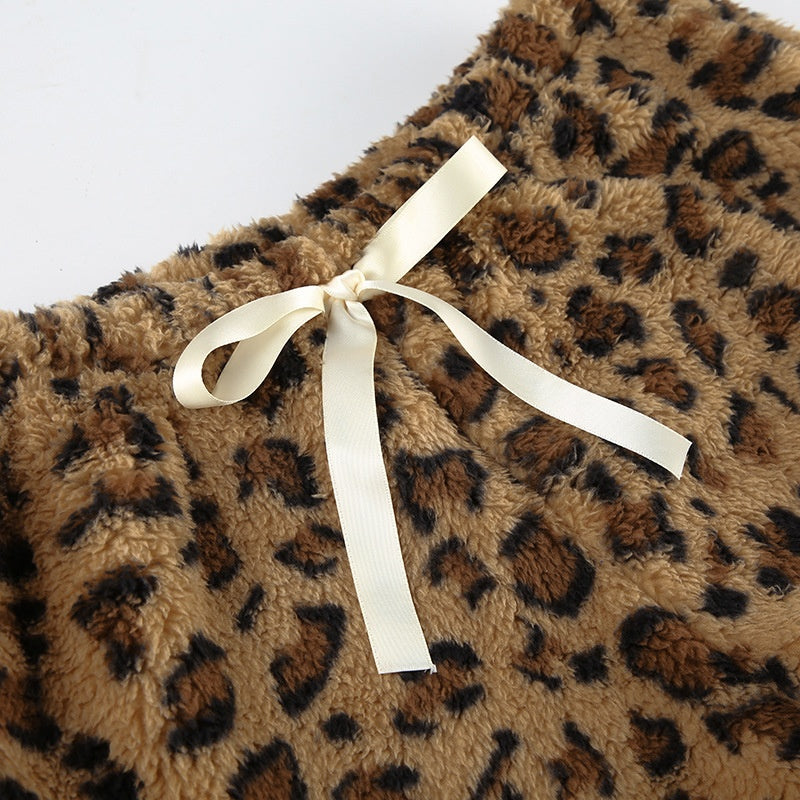 Leopard Print Tie-Waist Fuzzy Pants