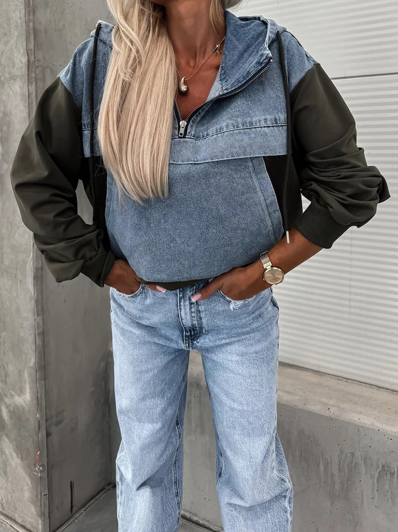 Patchwork Hooded Denim Pullover