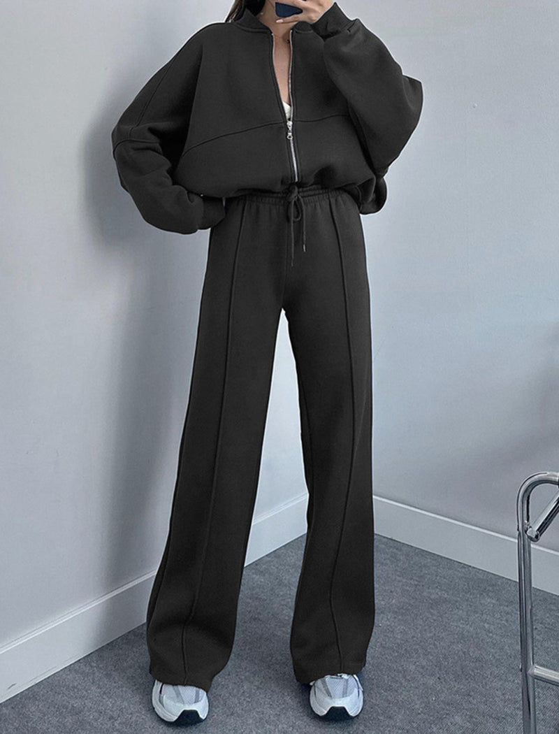 Zip-Up Cropped Jacket and Wide-Leg Pants Set