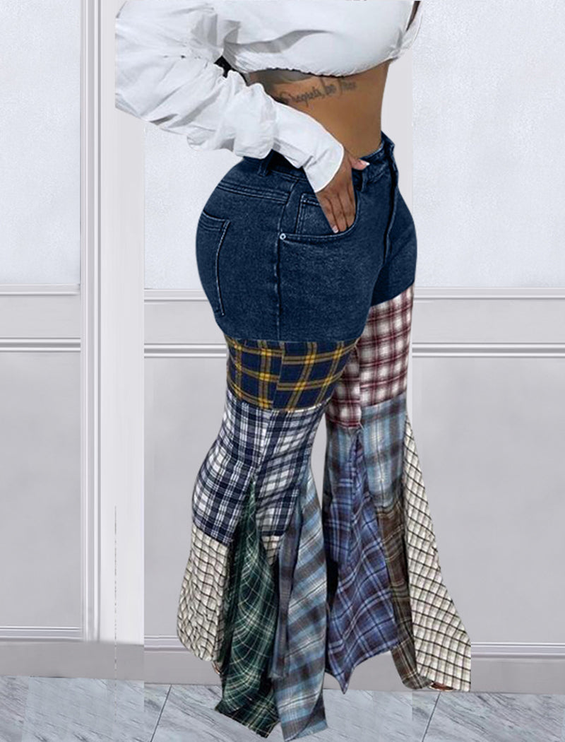 Patchwork Flare Leg Denim Pants
