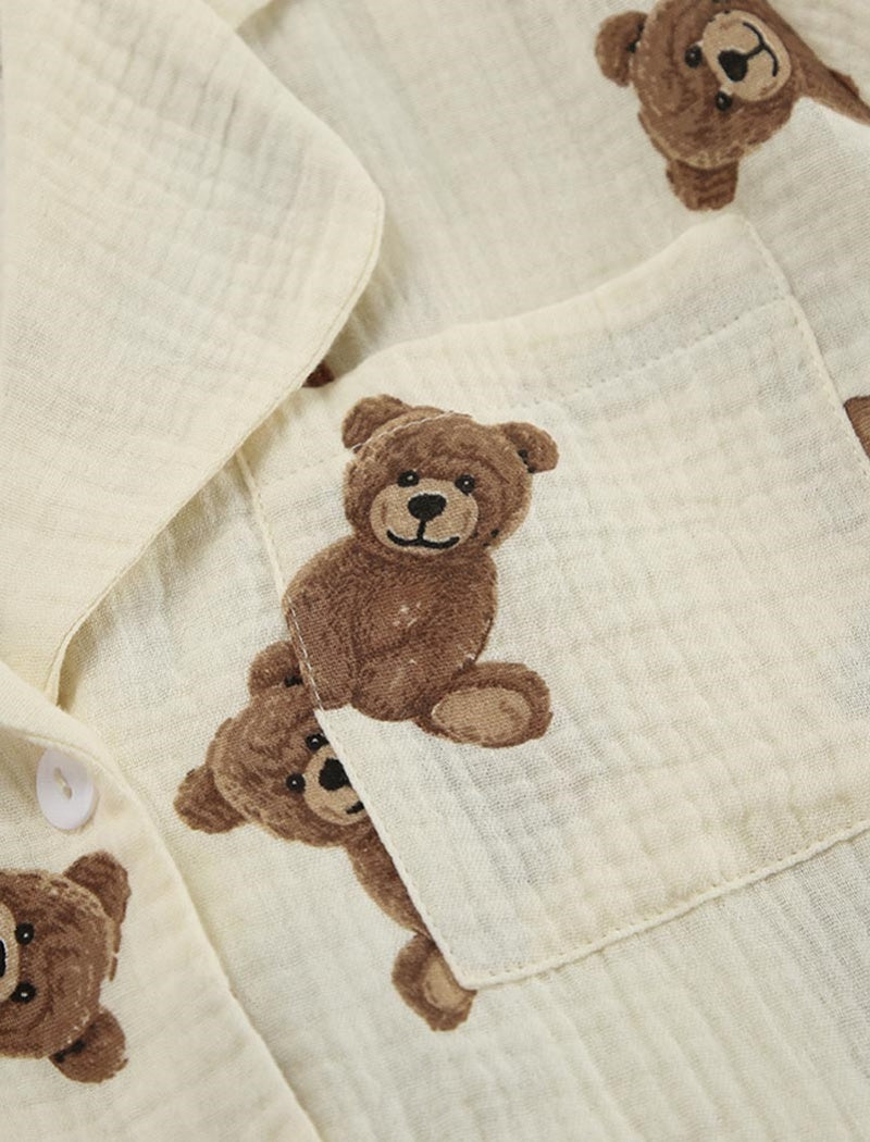 Teddy Bear Print Button-Up Pajama Set