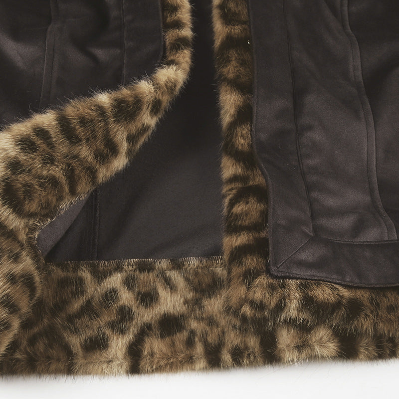 Leopard Fur Panel Collared Two-Tone Jacket