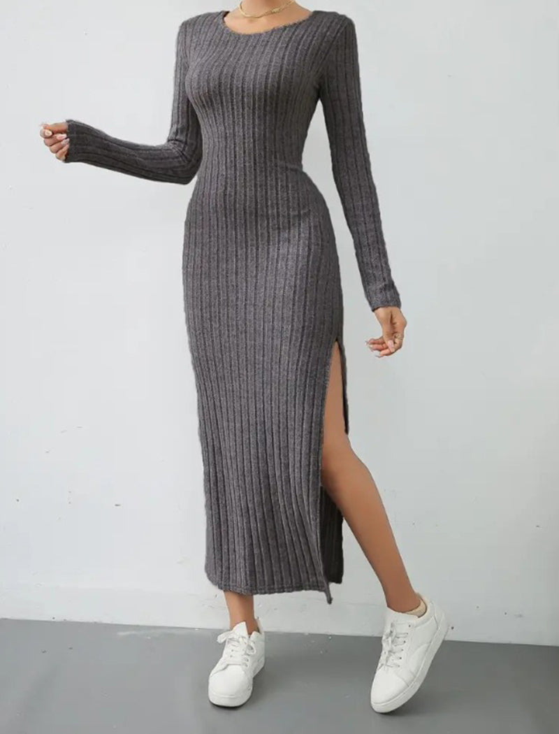Ribbed Long-Sleeve Slit Maxi Dress