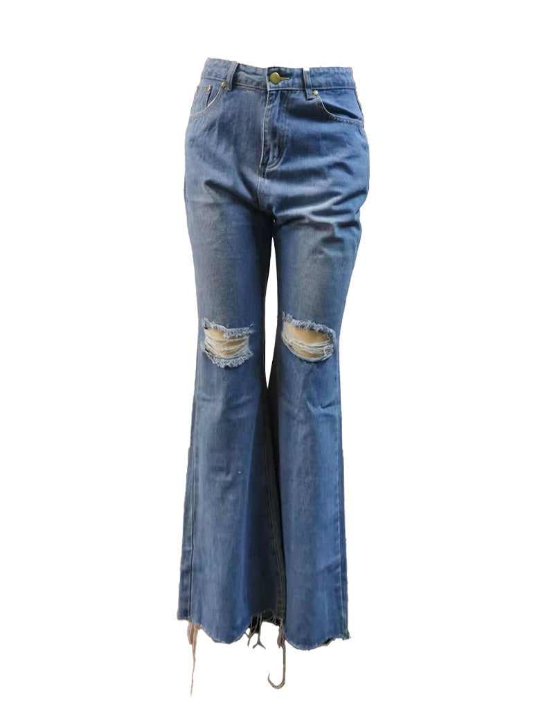 Distressed Wide-Leg Flared Denim Pants