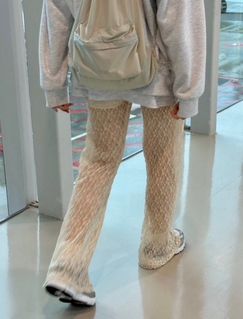 Sheer Lace Wide-Leg Pants