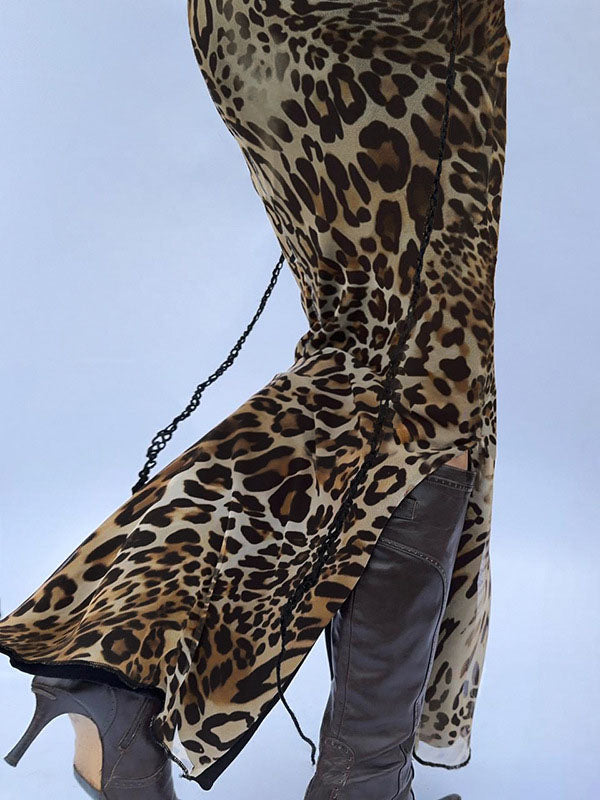 Leopard Patchwork Split-Hem Maxi Skirt