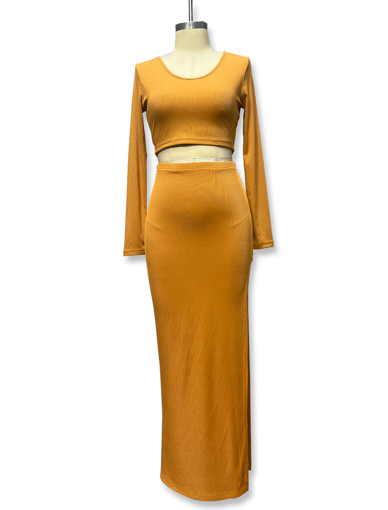 Solid Knit Crewneck Top and Slit Long Skirt Set