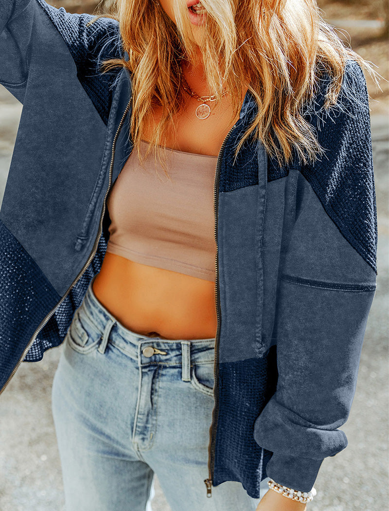 Colorblock Textured Zip-Up Hoodie