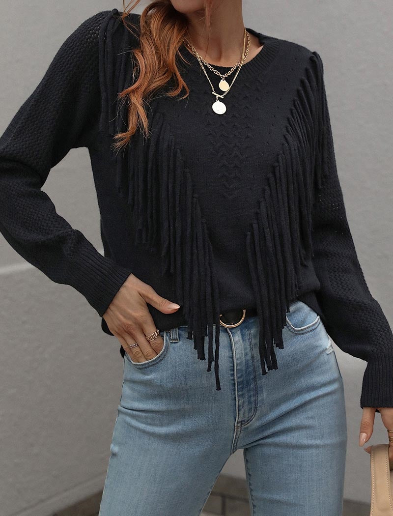 Fringe Accent Knit Crew Neck Sweater