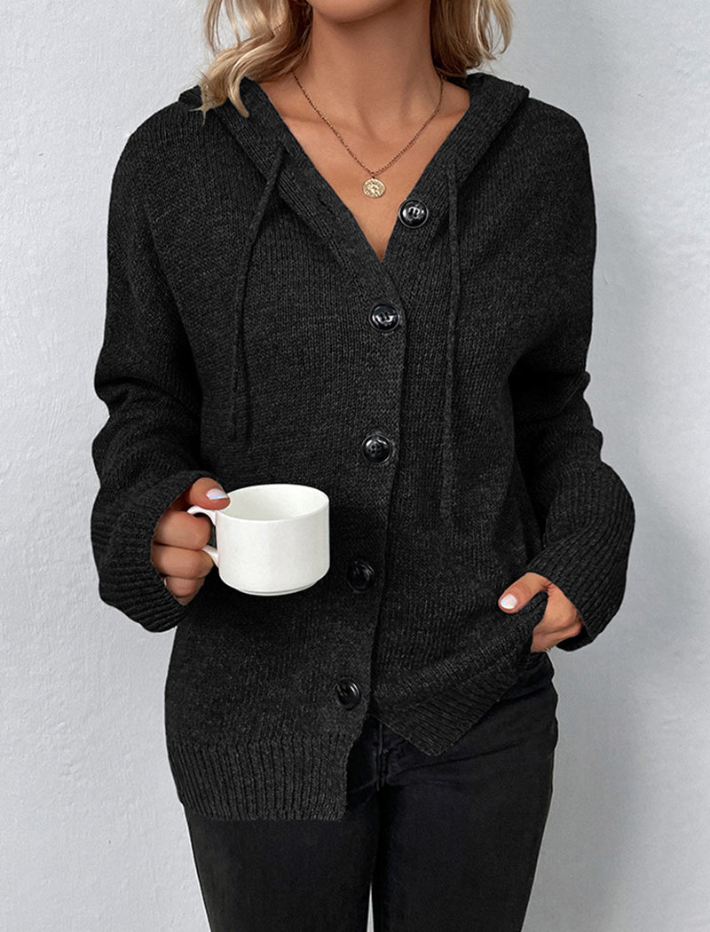Button-Up Drawstring Hooded Cardigan