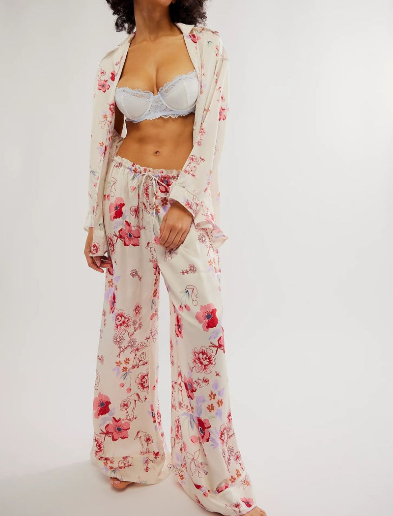 Floral Print Satin Long-Sleeves and Pants Pajama Set