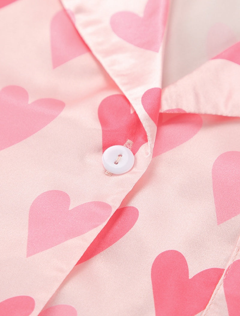 Heart Pattern Button-Up Pajama Set