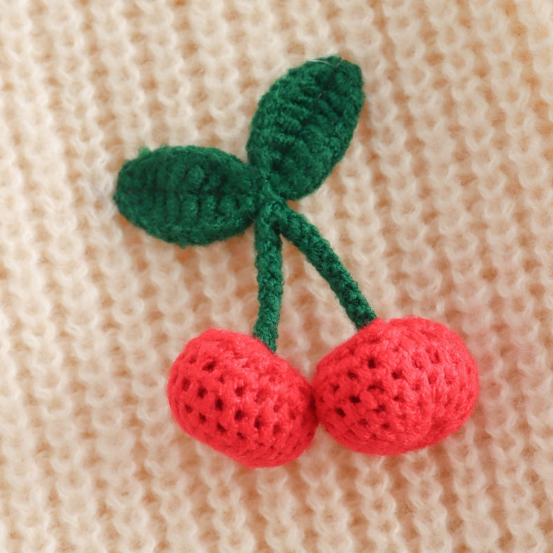 V-Neck Cherry Decor Knit Cardigan