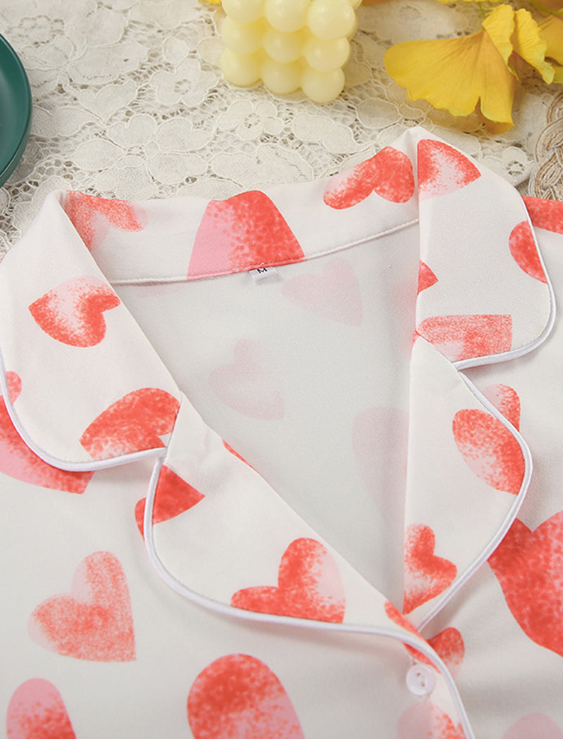 Button-Up Heart Print Short Pajama Set