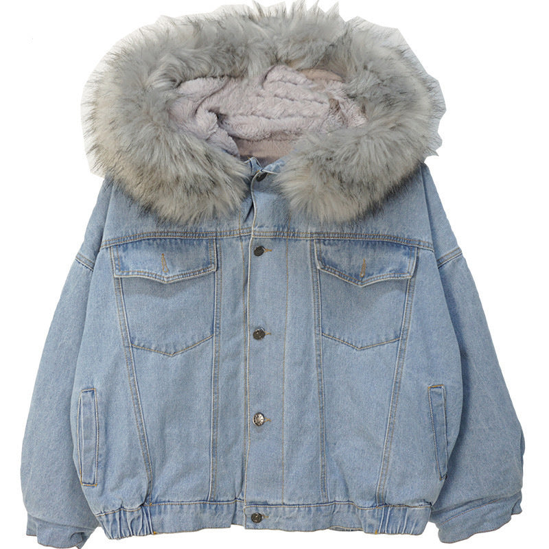 Denim Bomber Jacket with Fur Collar