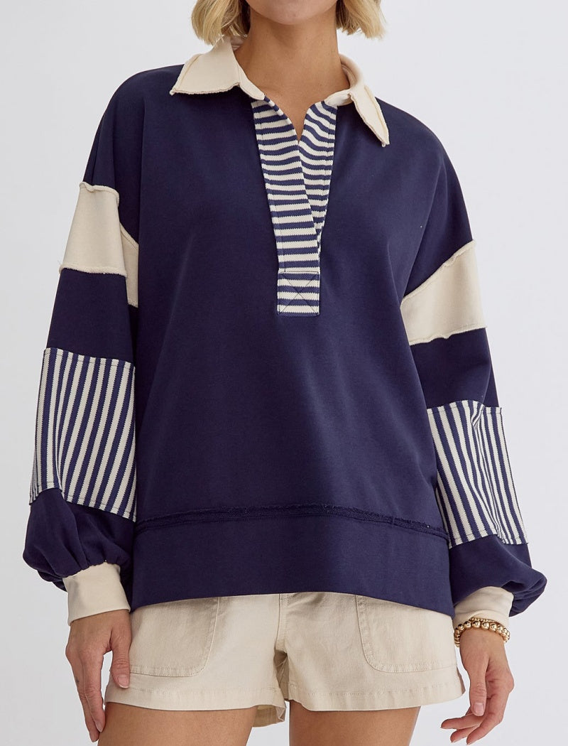Striped Patchwork Pullover with V-Neck