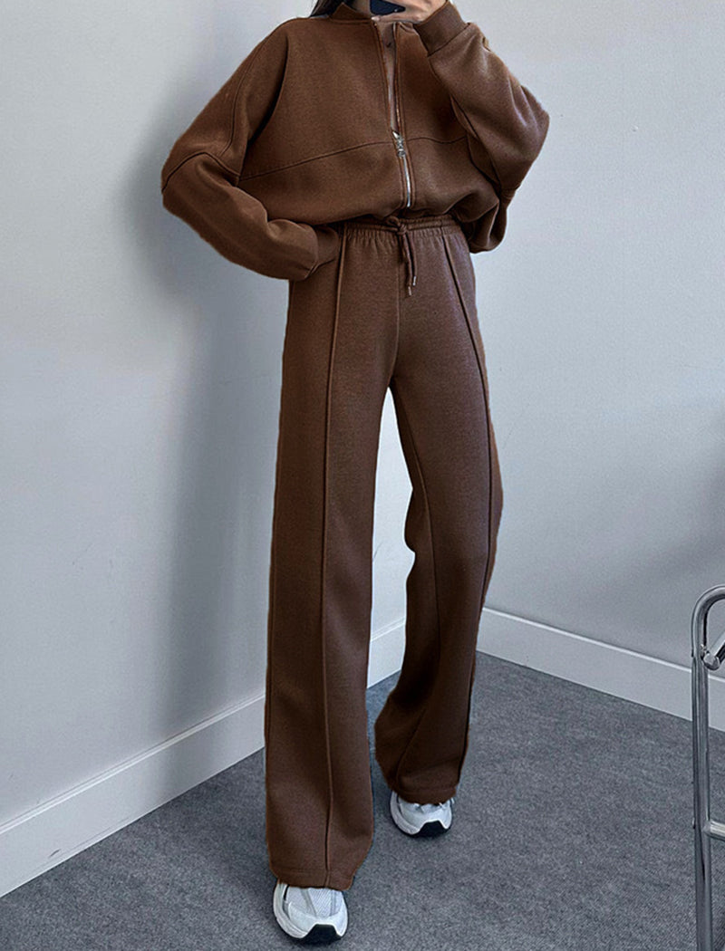 Zip-Up Jacket and Drawstring Wide-Leg Pants Set