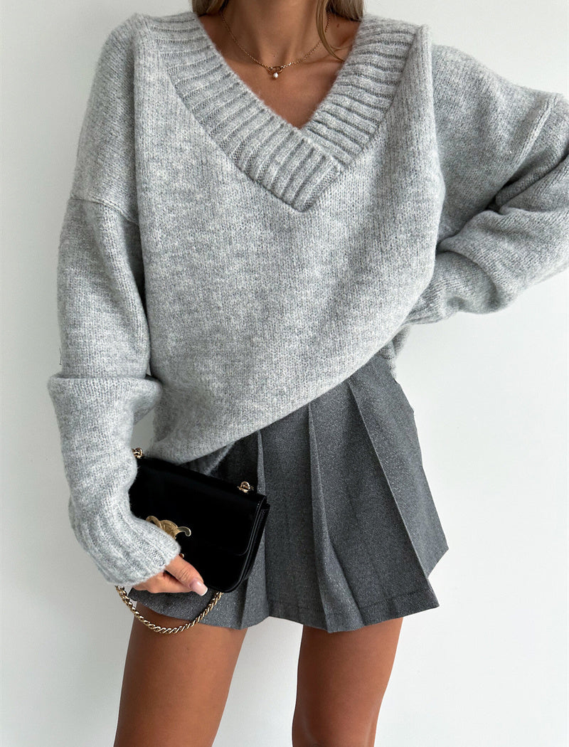 Solid V Neck Knit Sweater