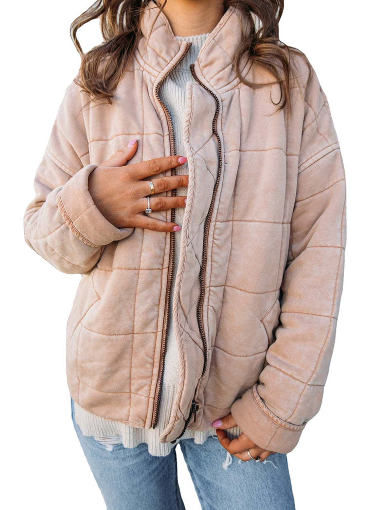 Quilted Zip-Up Jacket with Stand Collar