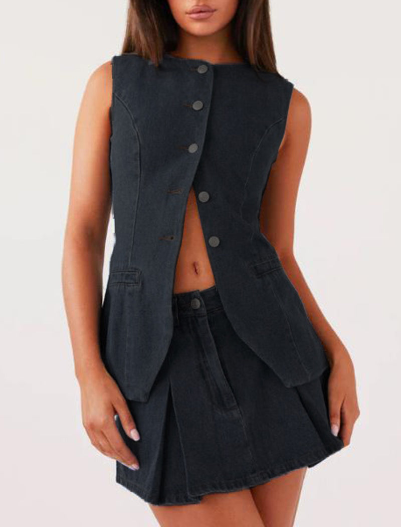 Denim Button-Up Vest and Skirt Set