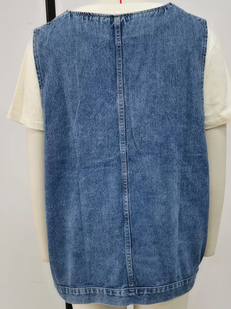 V-Neck Buttoned Pockets Denim Vest