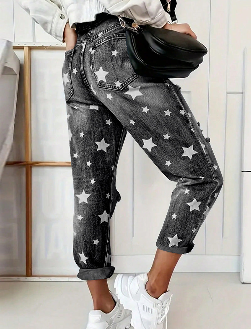 Star Print Distressed Boyfriend Jeans