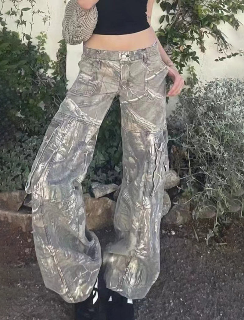 Metallic Wide-Leg Cargo Pants with Pockets